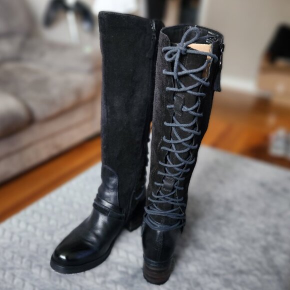 Miz Mooz 38 Shankara Black Leather Tall Lace Up Boot - Picture 5 of 15